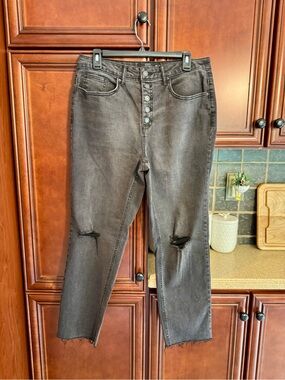 High-Rise Distressed Button-Fly Jeans - Charcoal